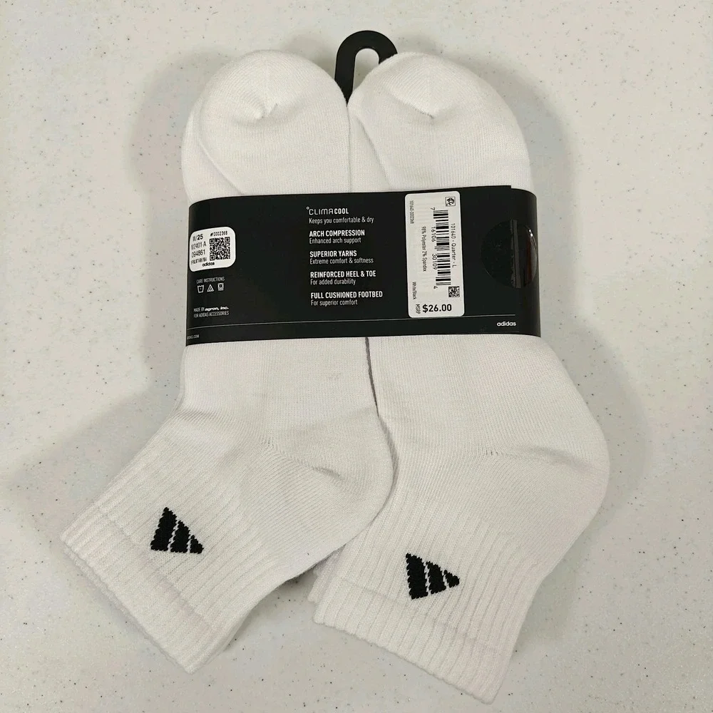 Adidas Mens Originals Quarter Ankle Soft Dry White Socks 6 Pairs Size Large 8-12